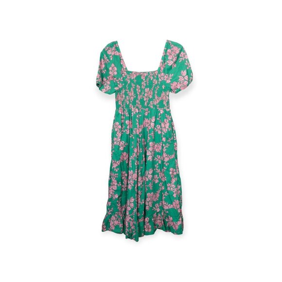 J.Crew Floral Puff Sleeve Smocked Cotton Midi Dress SZ S Green Boho Cottage Core - Picture 2 of 9